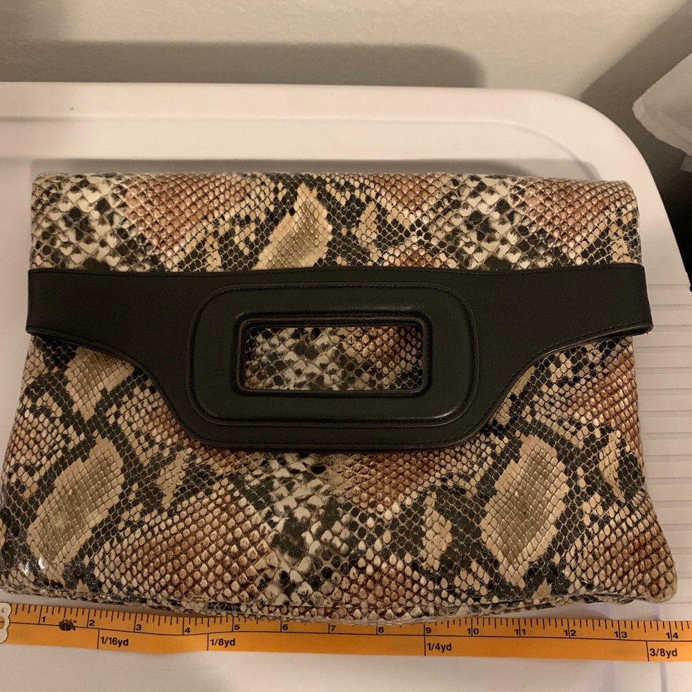Anne Klein Snake Print Foldover Clutch Cutout Handle Tan Black Bag